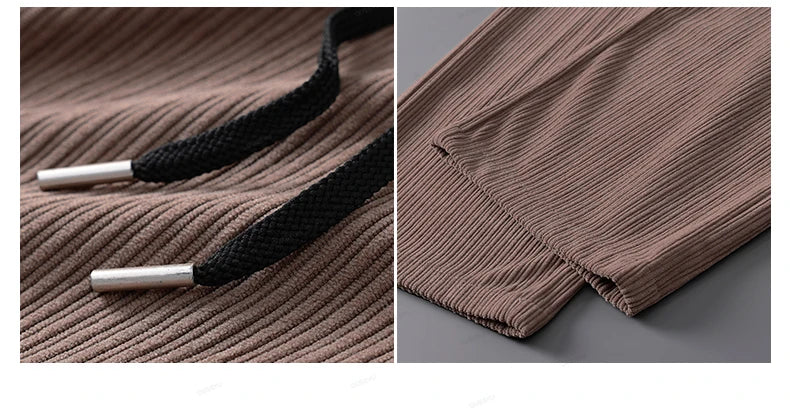 OUSSYU Brand Autumn Winter Men's Stripe Corduroy Pants Elastic Waist Drawstring Straight Thick Outdoors Loose Casual Trousers.