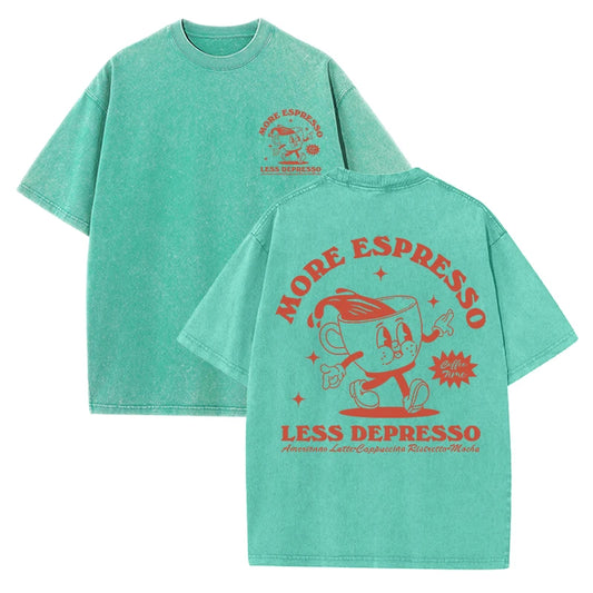More Espresso Less Depresso Letter Cup Drink Print Washed Womens Tee Shirt Cotton T-Shirts New Breathable Clothes All-Match  Top.