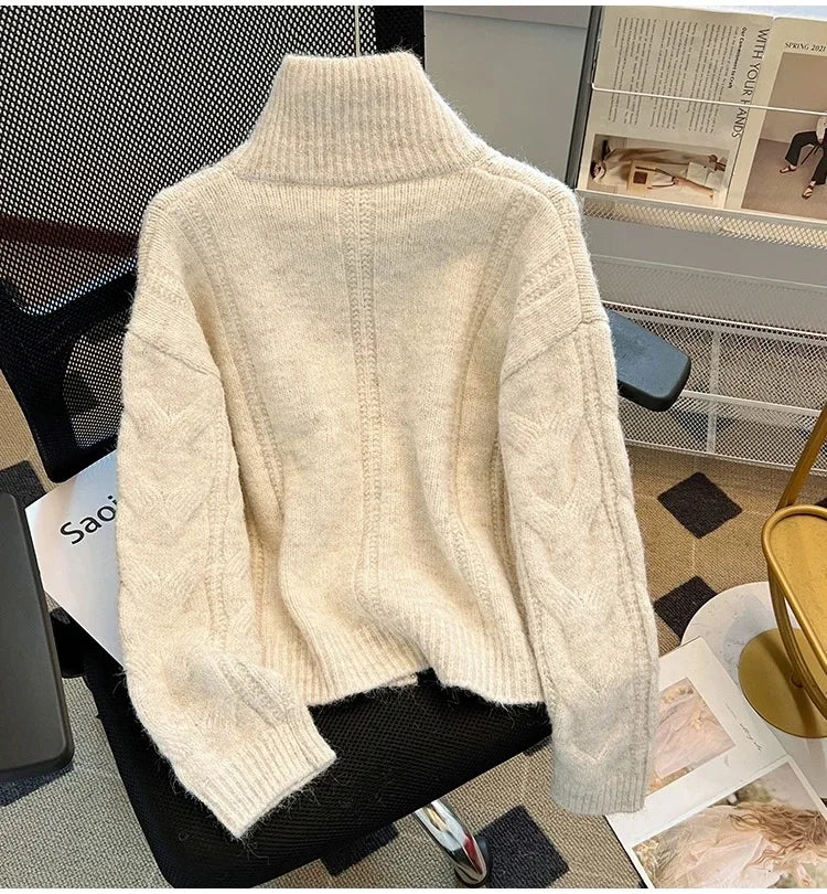 Women Autumn Winter New Lazy Style Loose Knitted Cardigan Retro Solid Color Double Zipper Turn-down Collar Sweater New Women Top