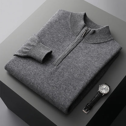 Autumn Winter Men's 100% Merino Wool Sweater Mock Collar Half Zip Knitted Pullover Cashmere Sweatshirt Casual Long Sleeved Tops