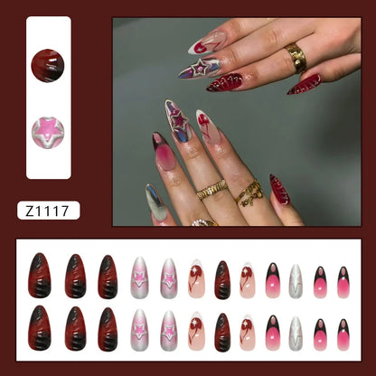 24pcs Red Star Print Fake Nails Sweet Cool Short Almond Press on Nail for Women Wearable Detachable Ins Spice Girl False Nails