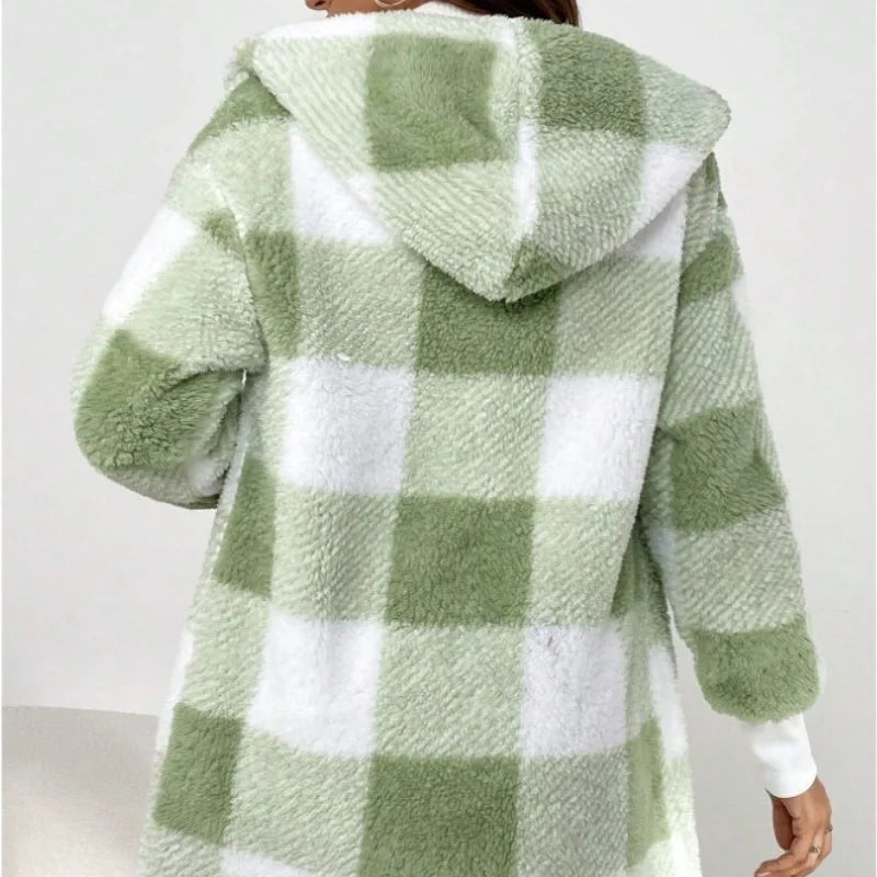 Frauen Herbst Winter Doppel Fleece Plaid Strickjacke Weiche Lose Lange Hülse Plüsch Warme Mit Kapuze Jacke Weibliche Patchwork Oberbekleidung Mantel.
