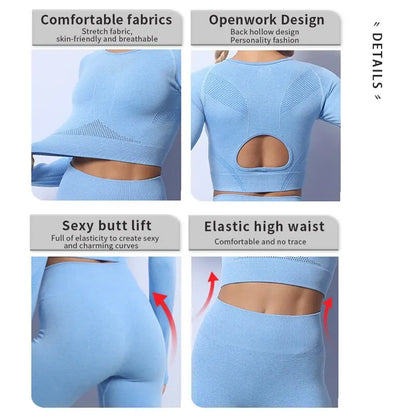 Women Yoga 2 Pieces Workout Outfits Seamless High Waist Leggings Sports Crop Top Running Clothes Sets.