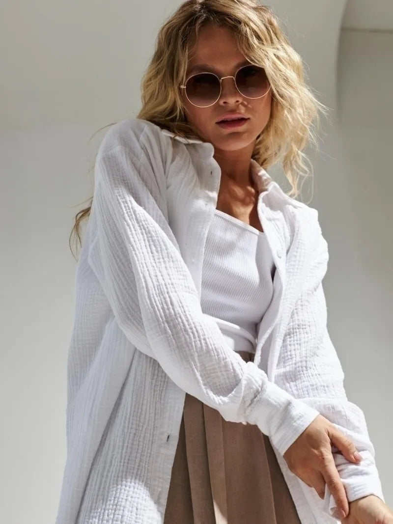 Muslin 100% Cotton Gauze Crepe For Women Shirts Blouse Turn Down Long Sleeve Single-Breasted Office Lady Loose Top Blusas Mujer.