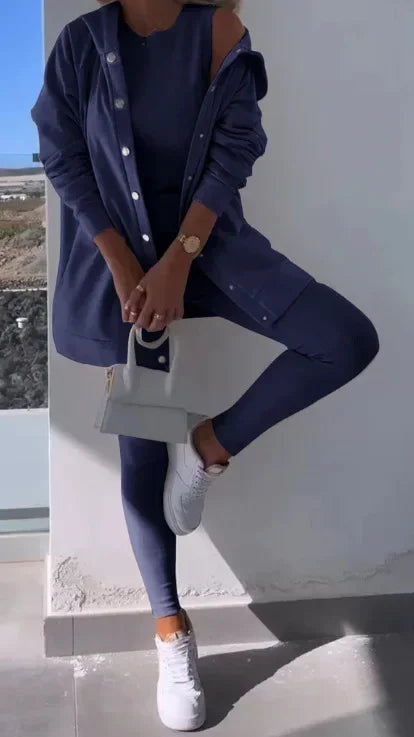 Women 3pcs Clothes Set Solid Color Sports Singel Breasted Shirt Jacket & Sleeveless Cami Tank Top & Slim Skinny Pants.