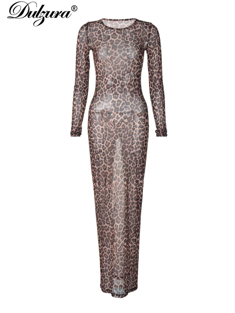 Dulzura 2024 Sexy Elegantes Maxikleid Bedrucktes Leoparden-Langarmkleider Damenkleidung Y2K Lady Party Club Streetwear Urlaub.