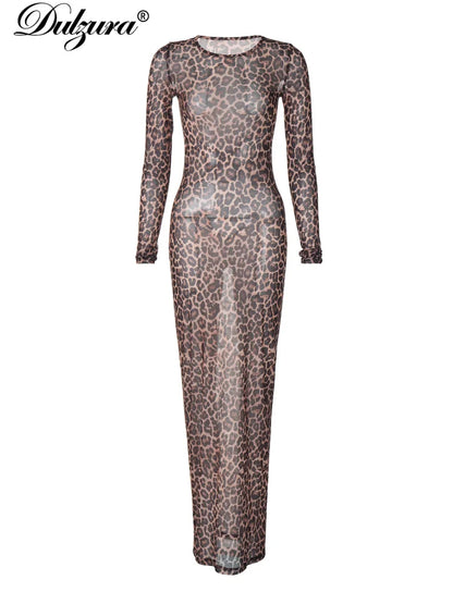 Dulzura 2024 Sexy Elegantes Maxikleid Bedrucktes Leoparden-Langarmkleider Damenkleidung Y2K Lady Party Club Streetwear Urlaub.