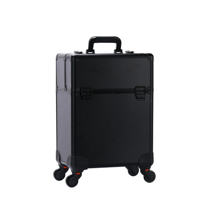 TravelRolling Makeup Train Case Large Capacity Cosmetic Trolley, Aluminum Professional Travel Case with Key.