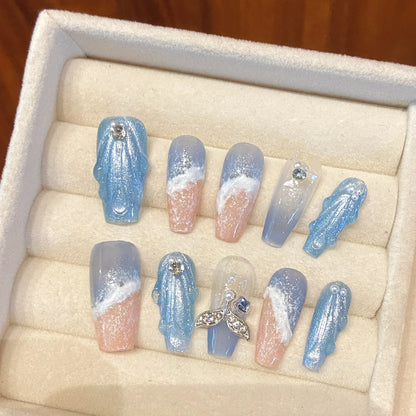 10Pcs Handmade Press on Nails Long Ballet Blue Fake Nails with 3D Ocean Moon Rhinestone Design False Nails Full Cover Nail Tips.