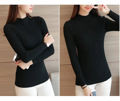 Frauen Mock Neck Rüschen Pullover Langarm Gestrickte Bodenbildung Solide Pullover Frauen Casual Streifen Pullover Herbst Winter 2023.