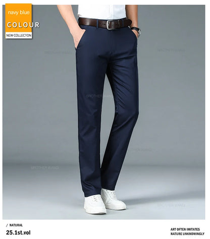 Bamboo Fiber Fabric Men's Casual Pants Summer New Ultra-thin Elastic Soft Straight Business Trousers Classic Black Khaki Gray.