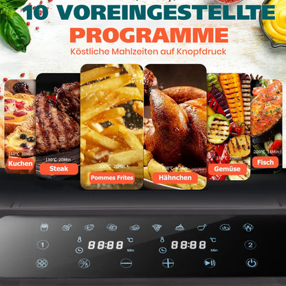 Sinaopus 2000W 9L XXL Hot Air Fryer with Dual Chambers Multi-function LED Touch Screen Timable Oil-Free Cooking Air Fryer.