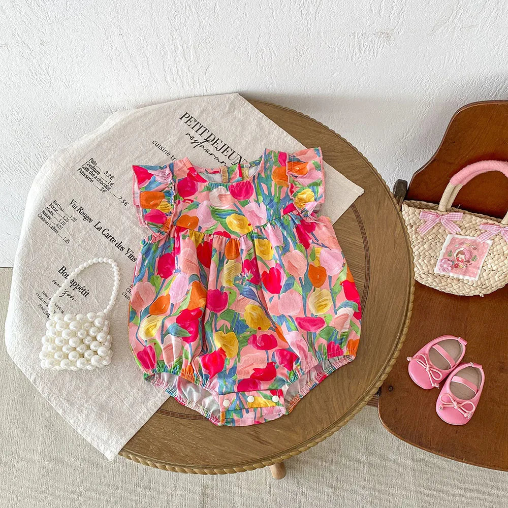 MILANCEL 2025, Sommerkleidung für Babys, Mädchen, Rüschenärmel, Kleinkind-Mädchen-Bodys, Tulpenmuster, Einteiler für Kleinkinder.