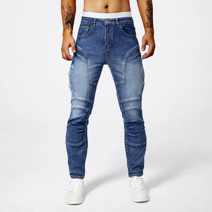 Two tone distressed patchwork jeans for men trendy jeans for summer thin straight leg pants slim fit small leg distressed jeans.