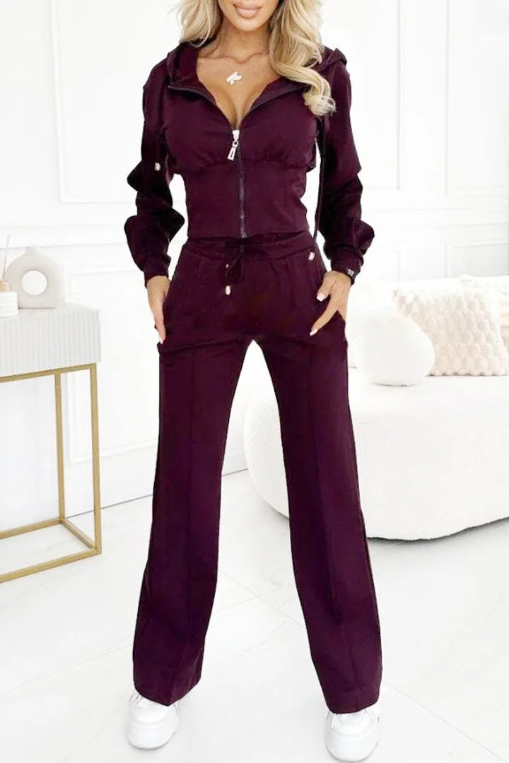 Women's Casual Set Fashion Sports Hooded Zip Tops+High Waist Wide Leg Pants 2 Piece Sets For Women Holiday Clothes Autumn Winter.