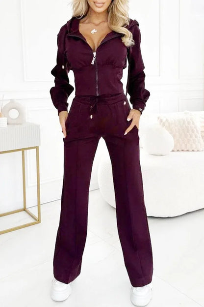 Women's Casual Set Fashion Sports Hooded Zip Tops+High Waist Wide Leg Pants 2 Piece Sets For Women Holiday Clothes Autumn Winter.
