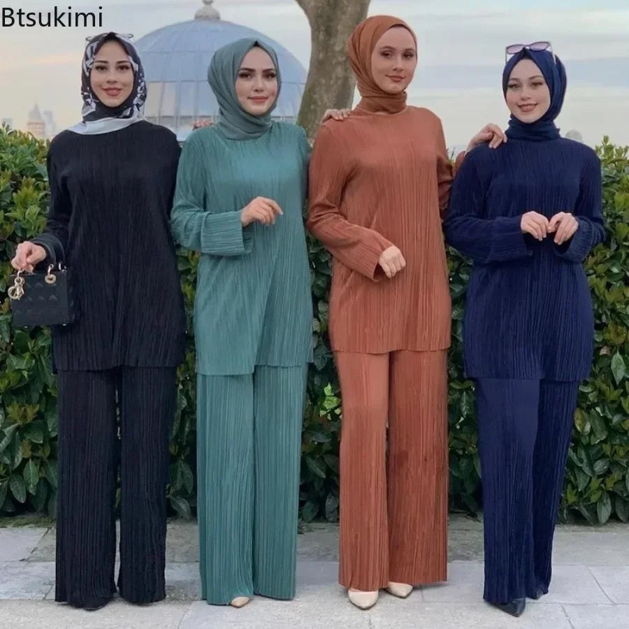 Women Casual Vintage Muslim Sets Ramadan Abaya Hijab Turkey Dubai Kaftan Prayer Dress Wide Leg Pants 2 PCS Sets Islamic Clothing.