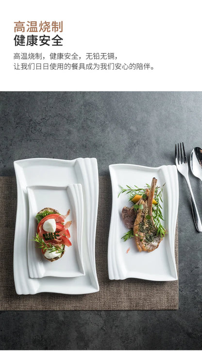 Creative Ceramic White Rectangular Western Food Plate Hotel Restaurant Special Cake Dessert Tableware Household Sushi Set Plate.