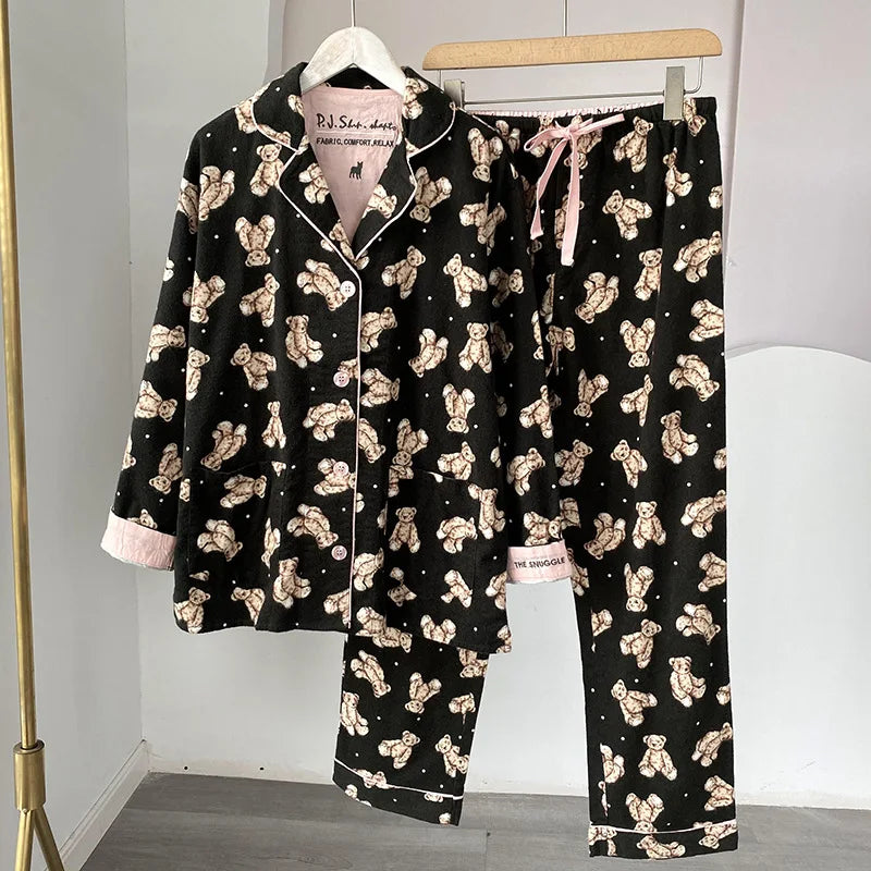 2025 New Pajamas Suit Cotton 2 Piece Set Women Print Cartoon Nightwear Long Sleeve Trousers Set Autumn Loungewear Home Clothes.
