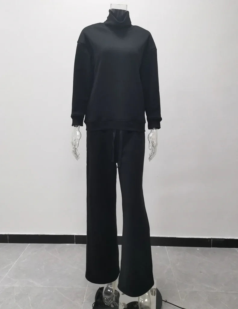 2023 AliExpress Cross border Long Sleeve Brown Temperament Wide Leg Pants Fashion Loose High Neck Casual Two Piece Sweater Set.