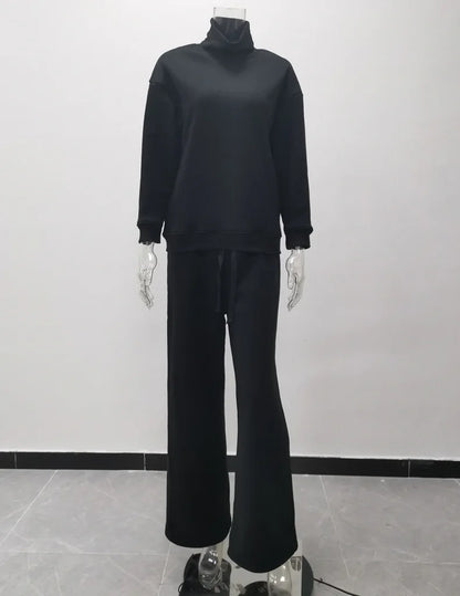 2023 AliExpress Cross border Long Sleeve Brown Temperament Wide Leg Pants Fashion Loose High Neck Casual Two Piece Sweater Set.