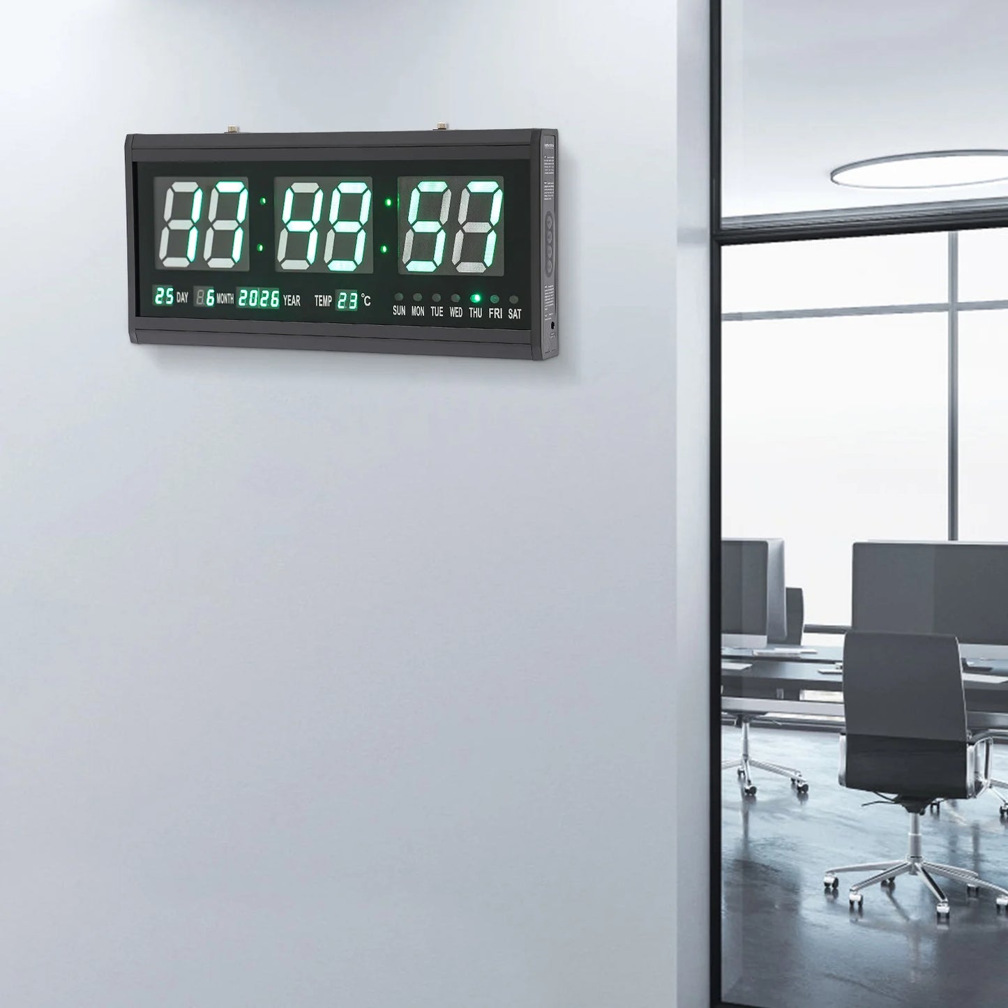 220 V große LED-Digital-Wanduhr, Zeit, Temperatur, Datum, Woche, Anzeige, automatischer Dimmer, leuchtende, leise Tischuhr, Wanduhr, 48 x 19 cm