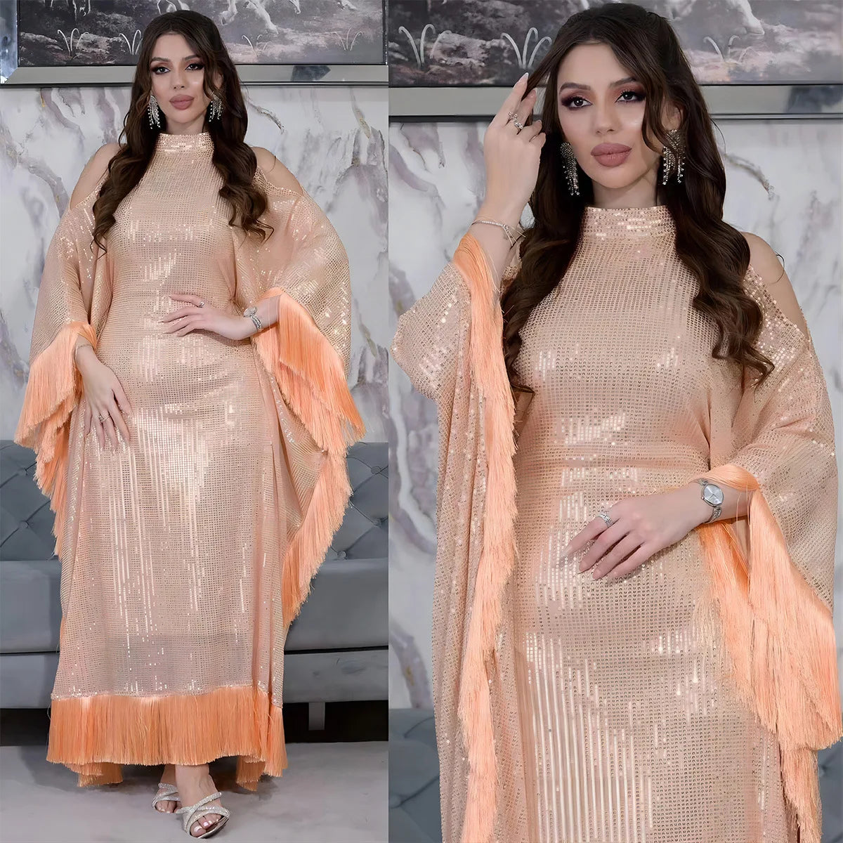 Ramadan Eid Tassel Sequin Batwing Abaya Dubai Women Islam Muslim Maxi Kaftan Dresses Kebaya Caftan Marocain Robe Femme Musulmane.
