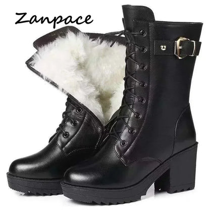 2025 Winter Leather Women Winter Boots Thick Wool Warm Women High-heeled Genuine Boot High-quality Female Snow Boots Women Shoes.