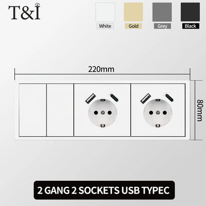 Europäische Wandsteckdose, EU-Steckdose, USB-Typ-C-Ladeanschlüsse, 1/2-Gang-Lichtschalter, 16 A 250 V, Unterputzmontage, weißes Panel, 80 x 80 mm.