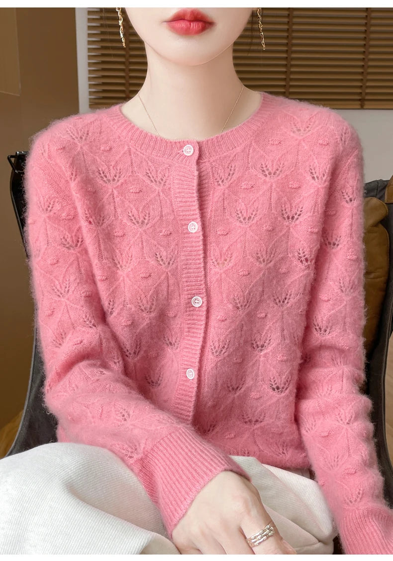 2024 Autumn And Winter New Round Neck Hollowed Out 100 Wool Knitted Cardigan Women's Versatile Coat Loose Casual Sweater DMR281