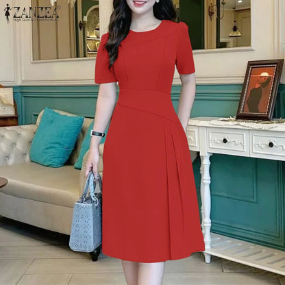 ZANZEA Elegante Büro Frauen Kleider Sommer Stilvolle Solide Party Arbeit Kleid Mode Kurzarm Plissee Vestidos Midi Sommerkleid.