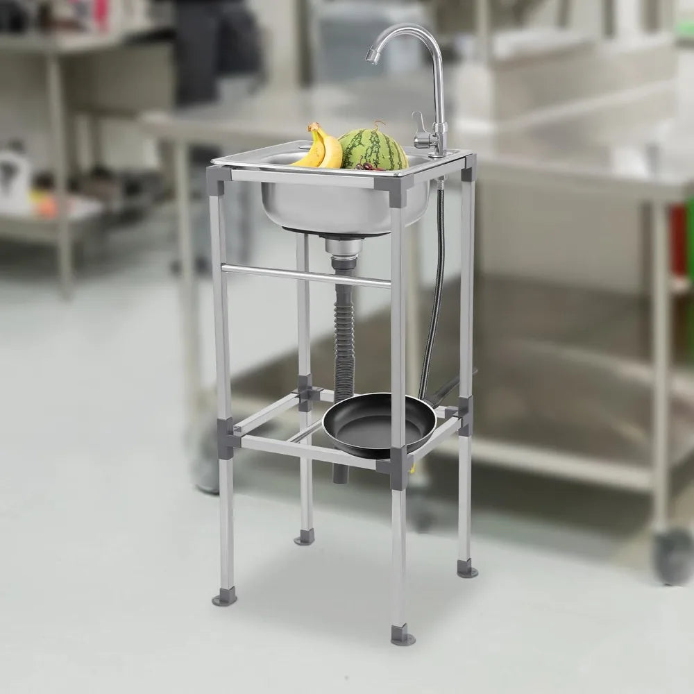 Edelstahlspüle, freistehendes Spülbecken mit 1 Becken, mobiles Spülbecken, Küchenspüle mit Wasserhahn, 42 x 37 x 83 cm, für Bars, Restaurant, Küche