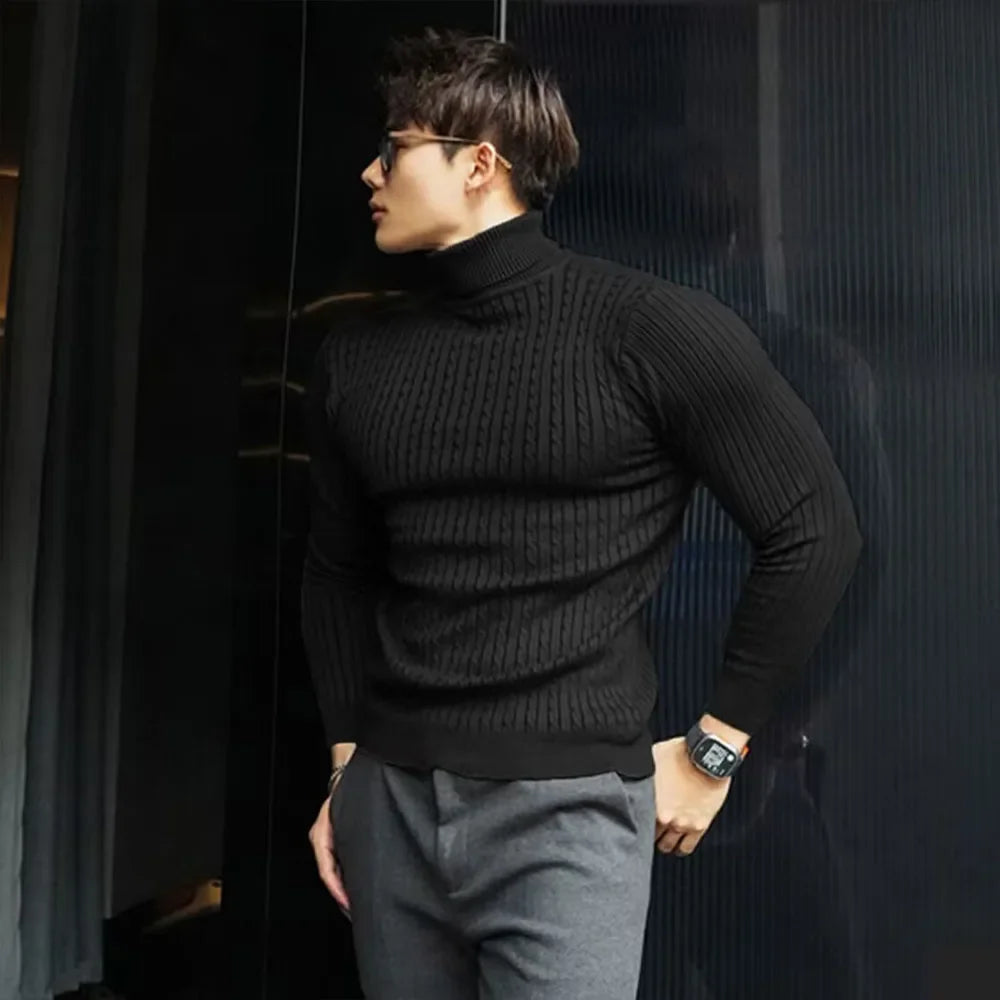 New Men's Turtleneck Sweaters Autumn Knitted Striped Streetwear Warm Long Sleeved Pullover Solid Color Basic Style Casual Tops.