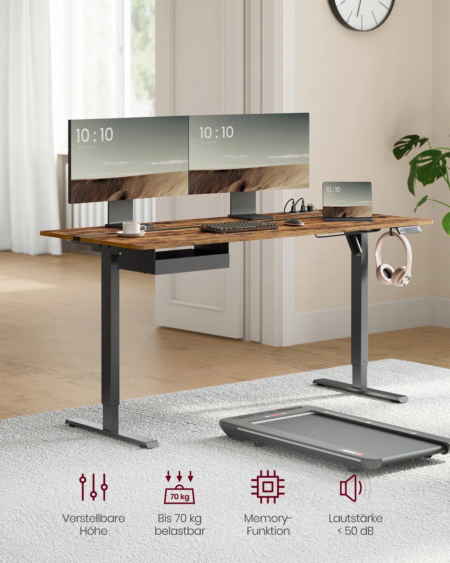 VASAGLE Höhenverstellbarer Schreibtisch elektrisch, 70 x 160 cm , stufenlos verstellbar, Memory-Funktion mit 4 Höhen