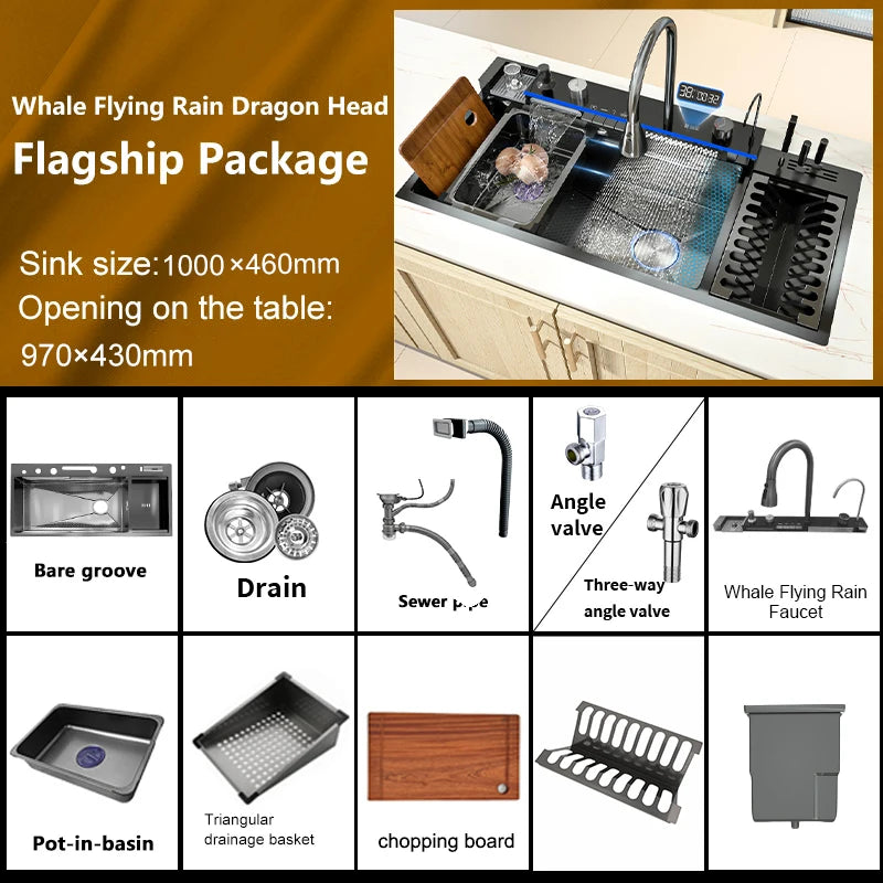 Stainless Steel Kitchen Sink Multifunctional Digital Display Dishwash Sinks Waterfall Large Single Slot Wash Vegetables Basin