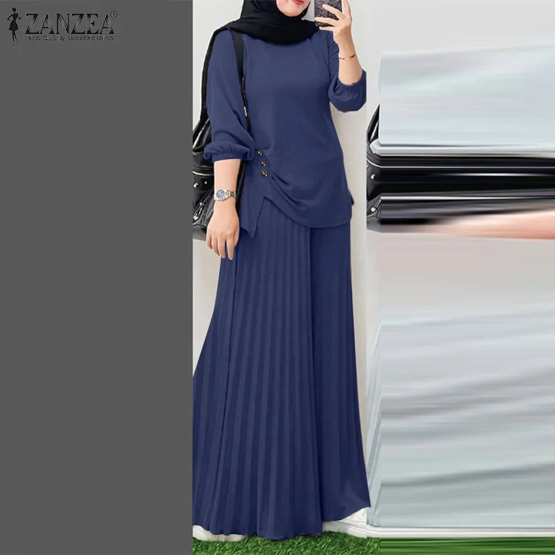 ZANZEA Muslim Sets Fashion 2pcs Women Long Sleeve Blouse Wide Leg Pant Sets Causal Spring Solid Work Outfits Islamic Clothing.