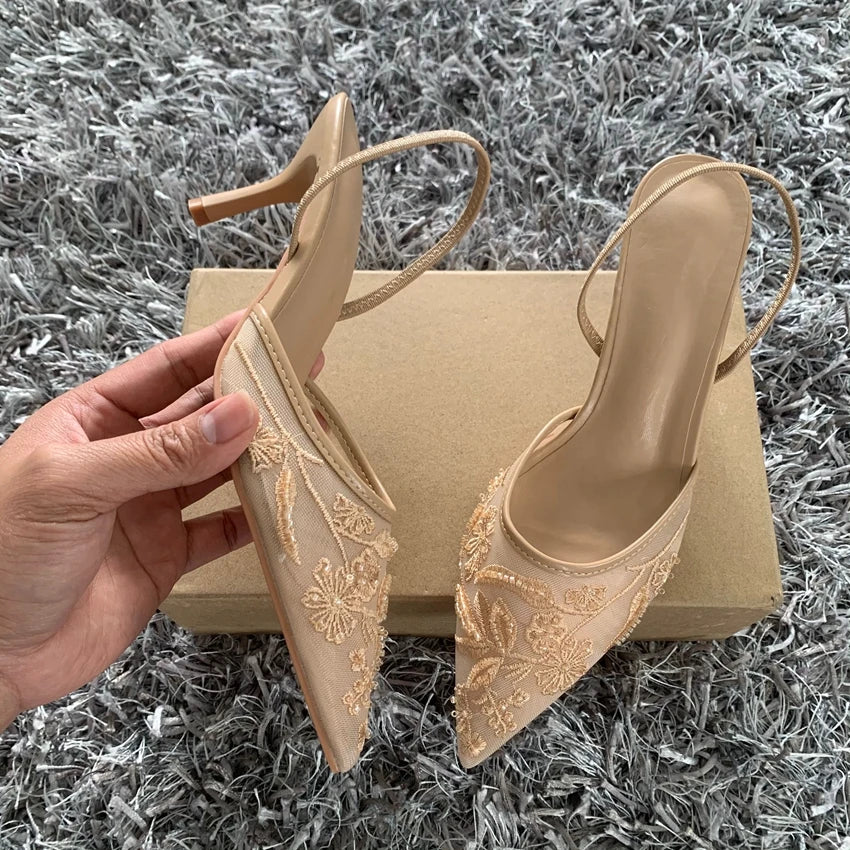 Luxury Brand High Heels Women Sandals Mesh Embroider Elegant Pointed Ladies Slingback Evening Party Wedding Bridal Dress Shoes.