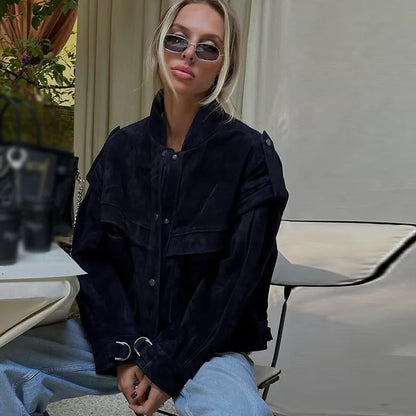 Wildleder Fleece Taschen Damen Jacken Mode Einreiher Langarm Mäntel Lose Gerade Kurze Tops Herbst Warme Kleidung.