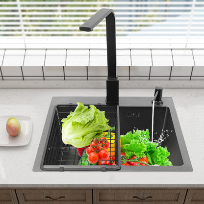Schwarzes Küchenspülbecken-Set, Spüle aus Edelstahl 30 mit großem Fassungsvermögen und drehbarem Wasserhahn, Keramik-Ventilkern, geruchsfestes Spülbecken