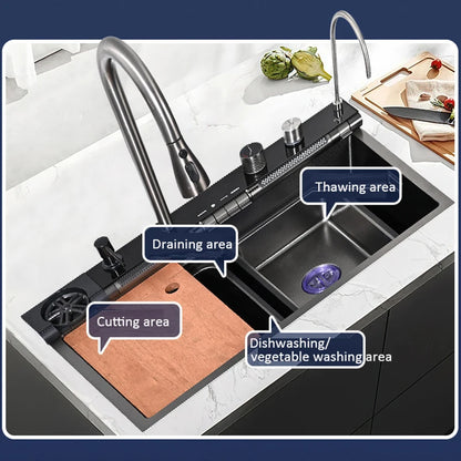 Blue Whale Arowana Multifunctional Kitchen Sink Single Bowl Nano Black Honeycomb LED Digital Display Stainless Steel for Home