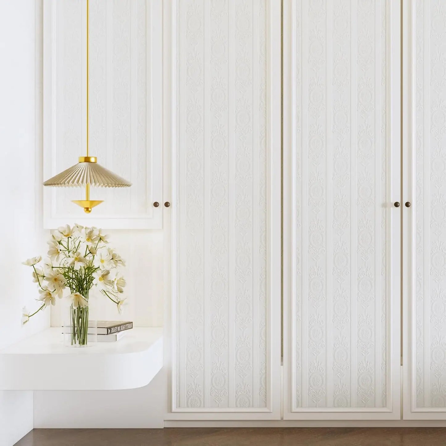 3D-Tapete mit weißer Prägung zum Abziehen und Aufkleben, Damaststruktur, selbstklebende Tapete, modernes, florales, abnehmbares Kontaktpapier