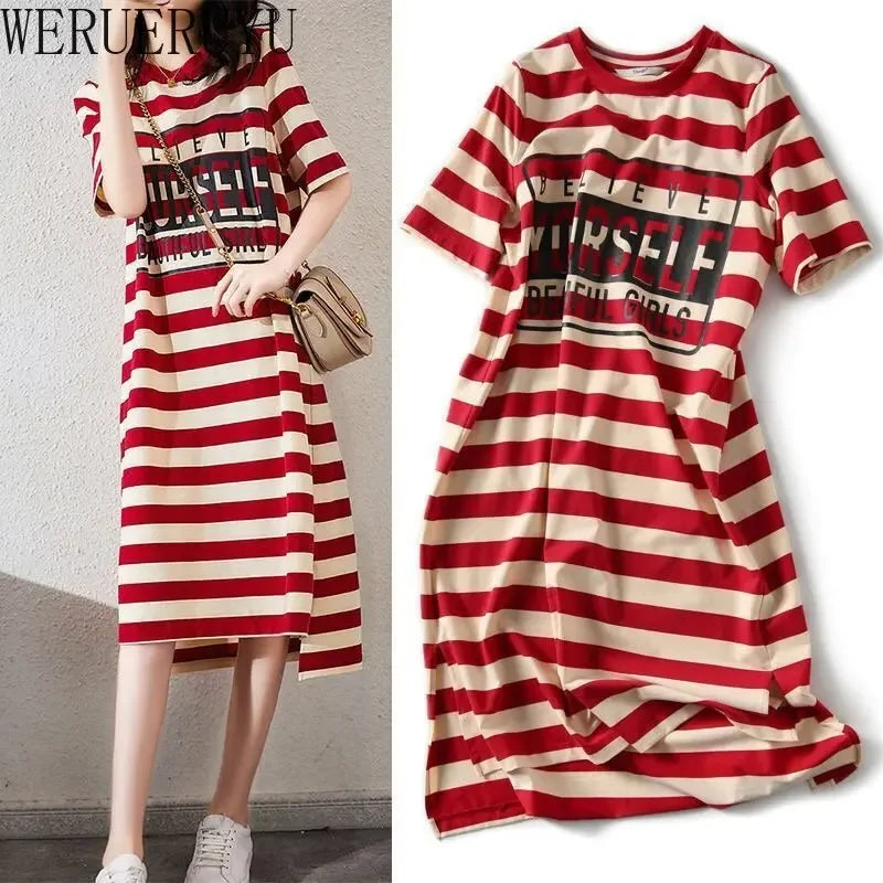 Gestreiften Print Kurzarm Midi Kleid Sommer Ästhetische Kleidung Koreanische Mode Casual Harajuku Kleider für Frauen 2023 Vestidos.