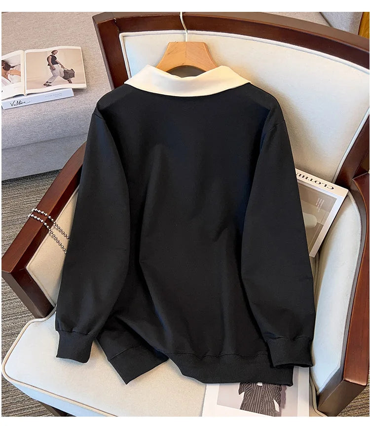 175kg plus size Damen büste Herbst lose Revers Sweatshirt Langarm lässig Top schwarz Aprikose 6xl 7xl 8xl 9xl 10xl 11xl