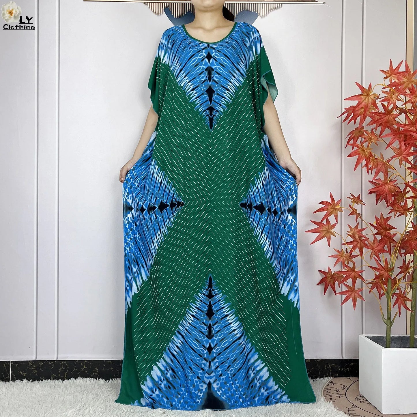 2024 New Muslim Women Dashiki Printed Dress Flower Diamonds Loose Dress With Big Scarf Islamic African Women Short Sleeve Abaya.