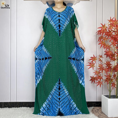 2024 New Muslim Women Dashiki Printed Dress Flower Diamonds Loose Dress With Big Scarf Islamic African Women Short Sleeve Abaya.