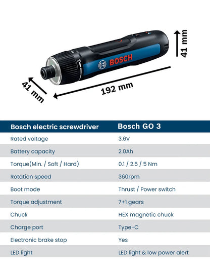 Bosch GO 3 Elektroschrauber-Set, 3,6 V, 5 Nm, kabellose Mini-Handbohrmaschine, wiederaufladbarer Schraubendreher, Bosch Multifunktions-Elektrowerkzeug