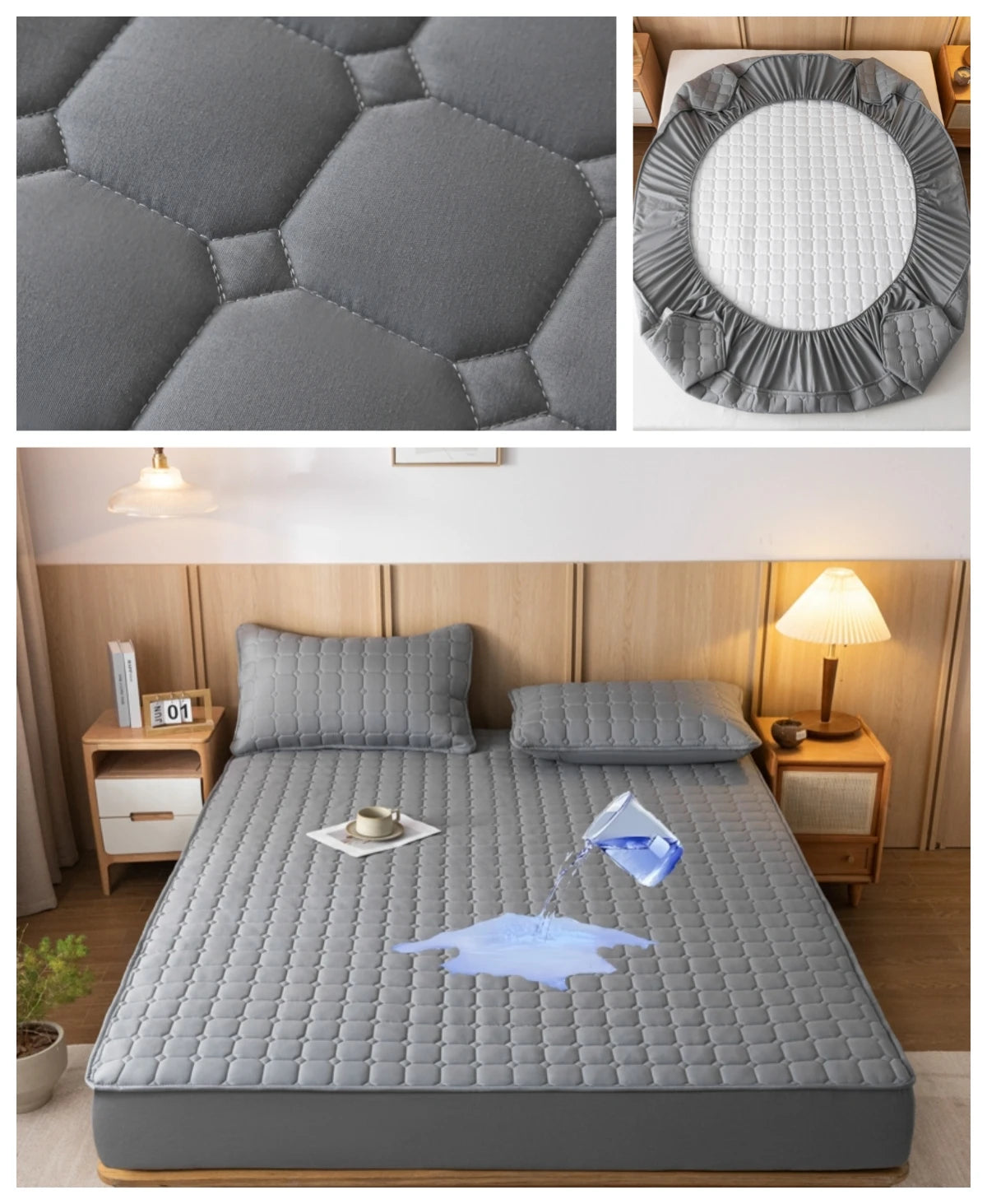 Kuup Fashion Queen Size Mattress Protector Waterproof Quilted Fitted Sheet Solid Color Bed Cover - No Pillowcase Included.