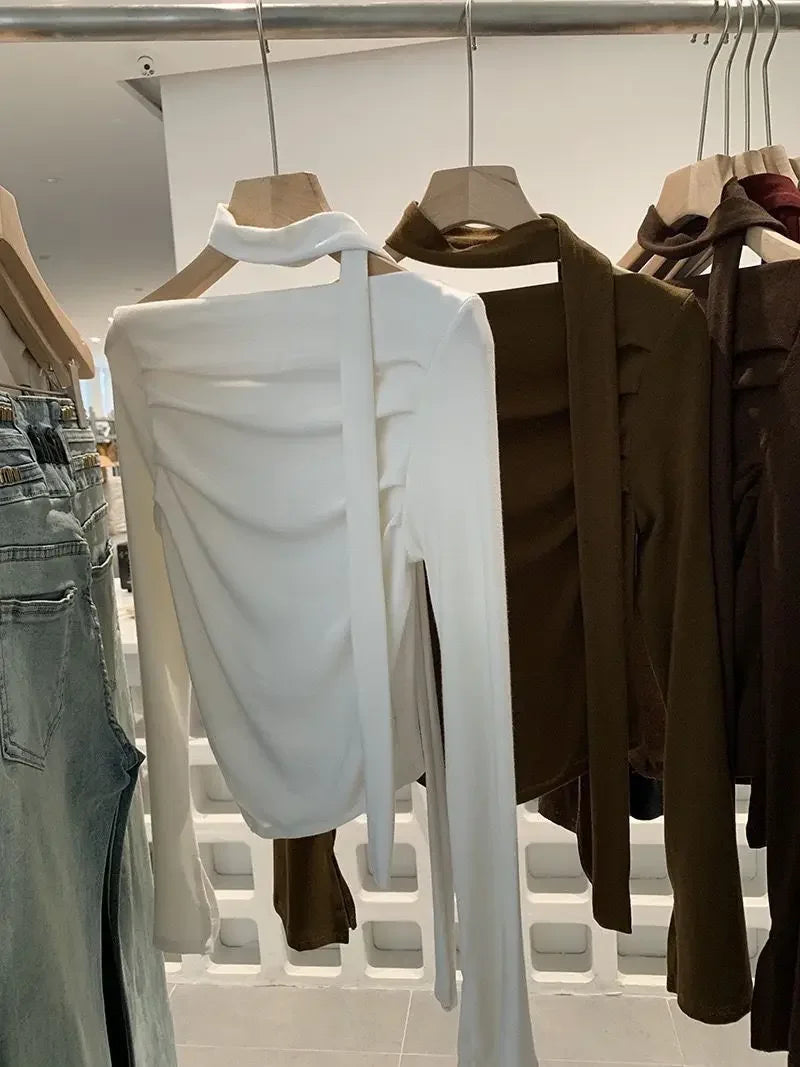 Elegant Long Sleeve Neck Hanging Sash Slim Fit T-Shirt Women's Red Black Other Pure Color Pleated Chic One Shoulder Top.