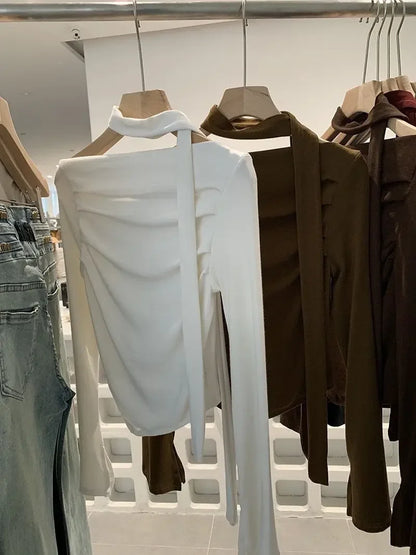 Elegant Long Sleeve Neck Hanging Sash Slim Fit T-Shirt Women's Red Black Other Pure Color Pleated Chic One Shoulder Top.