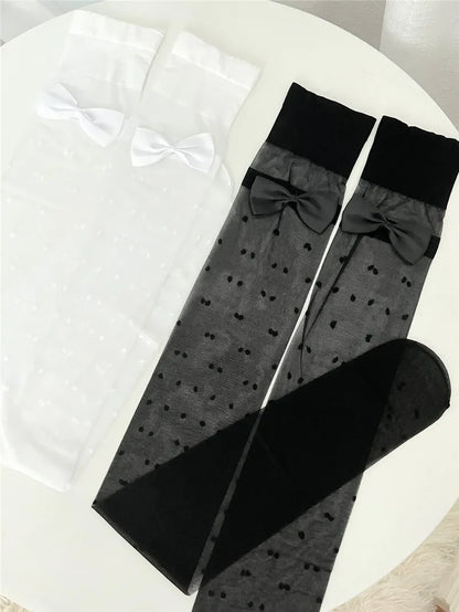 Black Silk Long Tube Socks with Small Polka Dot Bow Knot for Women Thin Summer Knee High Stockings Vintage JK Style over Knee.